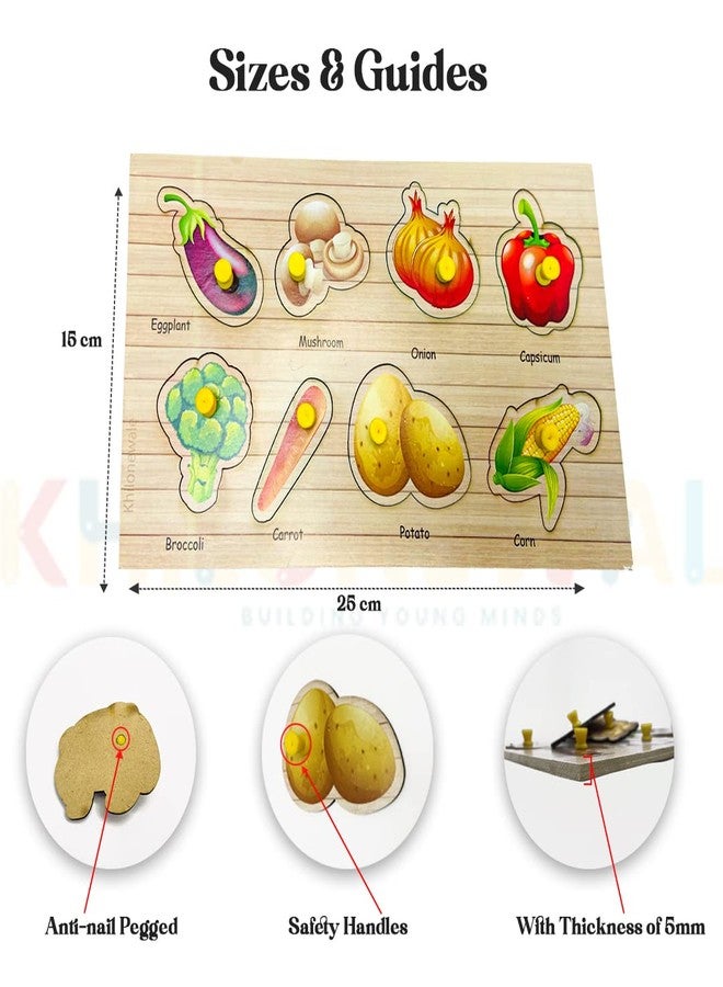 Khilonewale Kid's Wooden Puzzles Set for Toddlers 2 3 4 Years Old, Educational Puzzle Tray with knobs,Learning Aid for Boys and Girls, Kids, Students,Size 27 * 14 cm (Vegetables) - Image 3